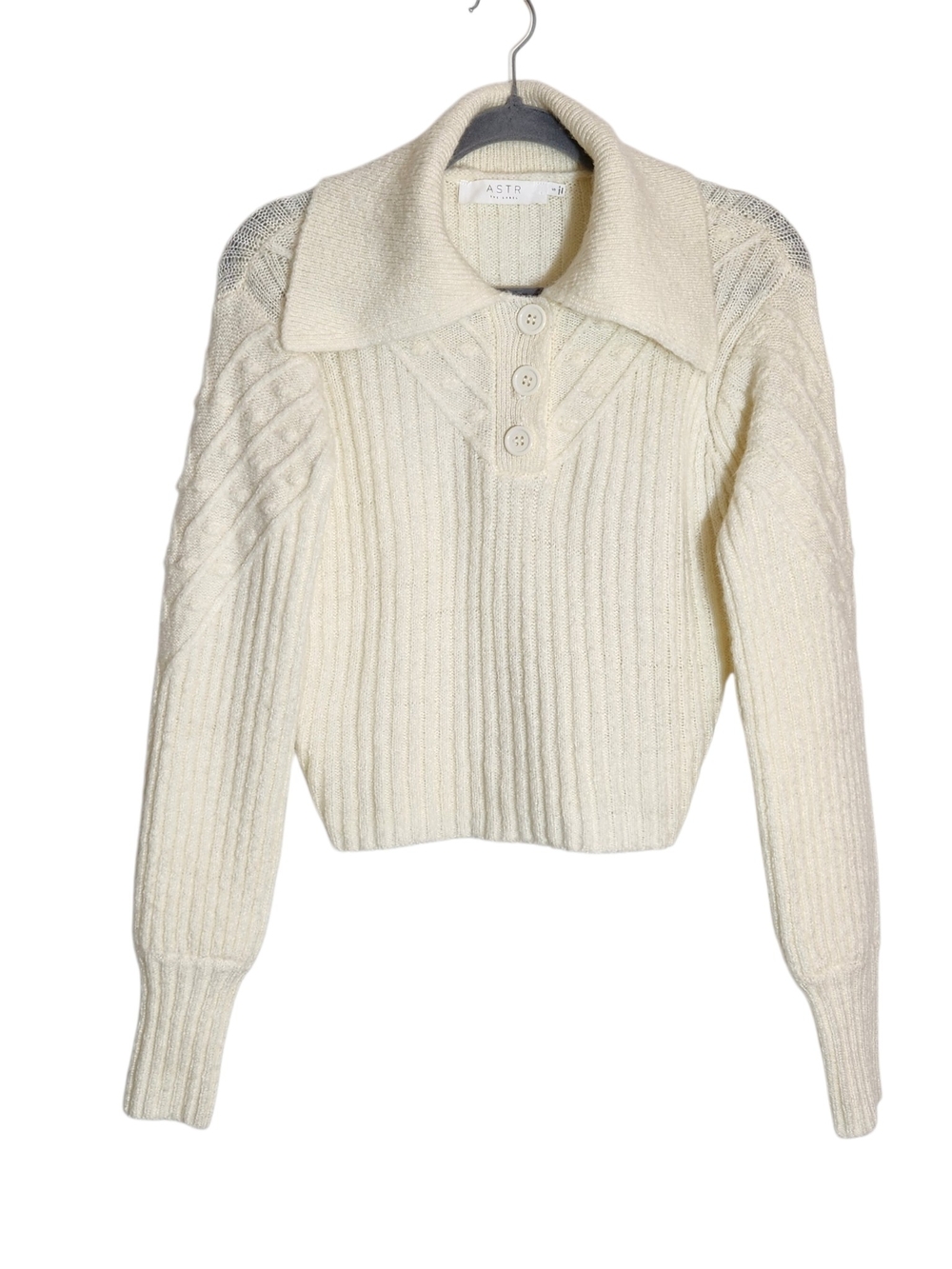 ASTR Cream Fuzzy Polo Knit Cropped Sweater Size Small